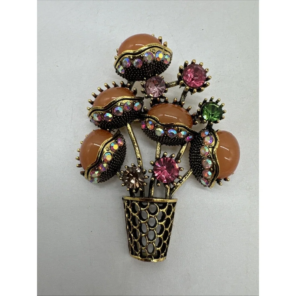 HUGE Flower Or Cactus Plant Brooch Pin Pink Rhinestones 2.5